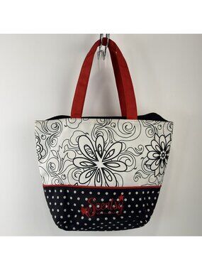 Scentsy Wickless Insulated Lunch Tote Bag Zip Black White Floral Polka Dot Red